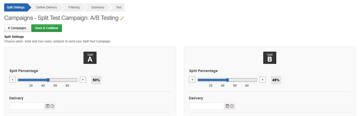 AB testing split control in e-shot interface