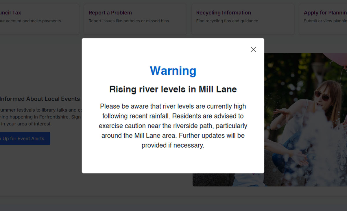 River levels rising warning pop up demo