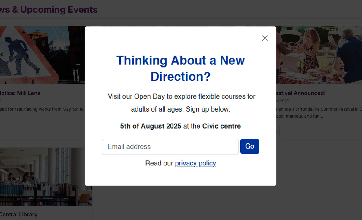 Adult learning event sign up pop up