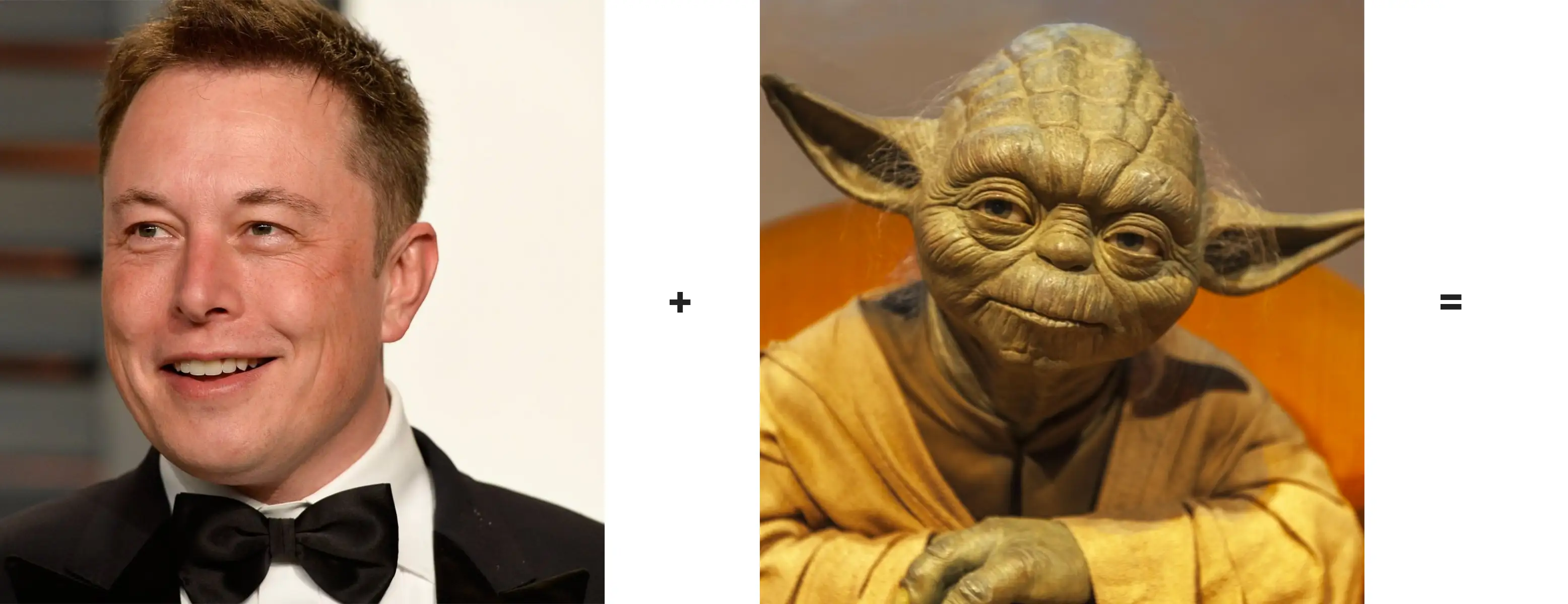 Image of elon musk and yoda with a + between them