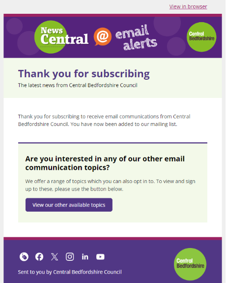 Central Bedfordshire Council welcome email example