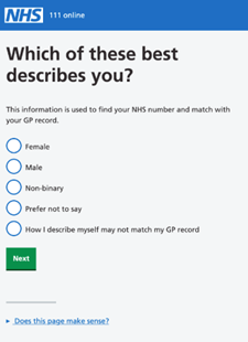 Form with options to answer Which describes you best?