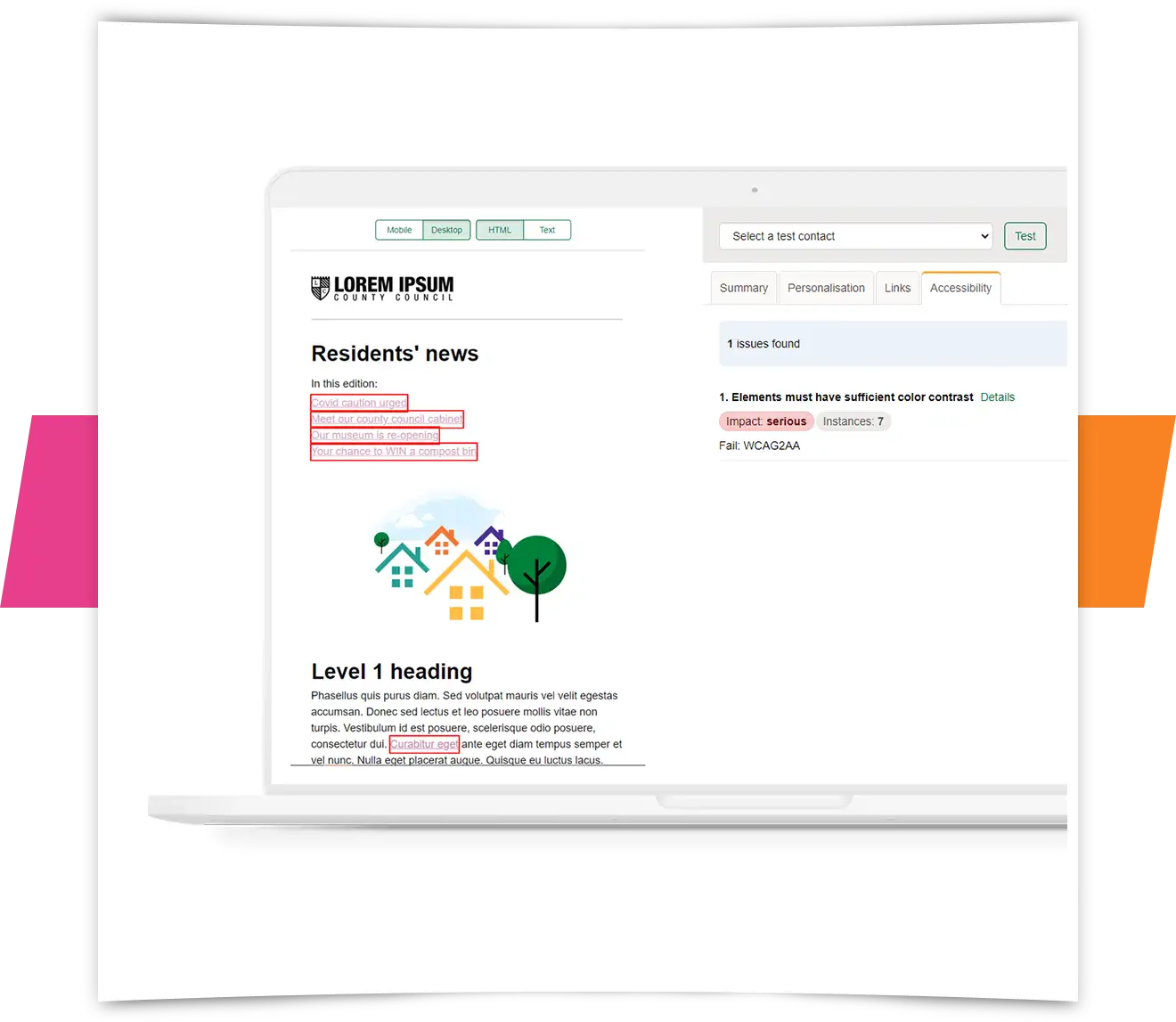 e-shot accessibility preview with flagged errors being highlighted