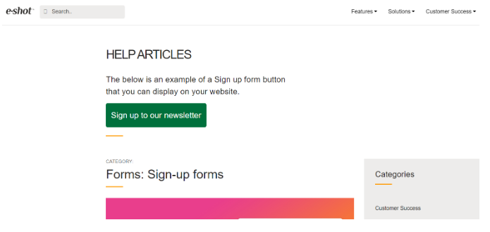 e-shot website with an example of a sign-up form button