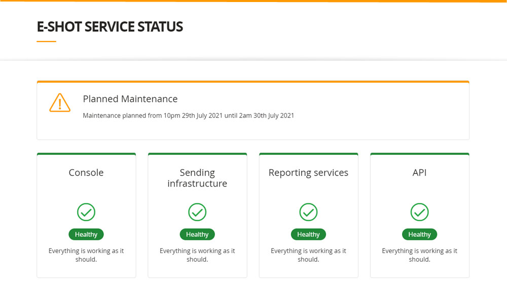 e-shot status page and maintenance notifications