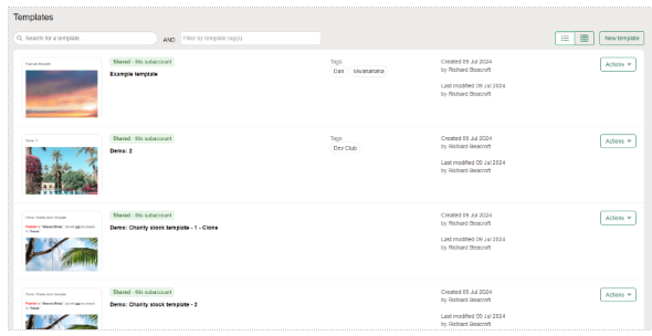 Template list view in e-shot