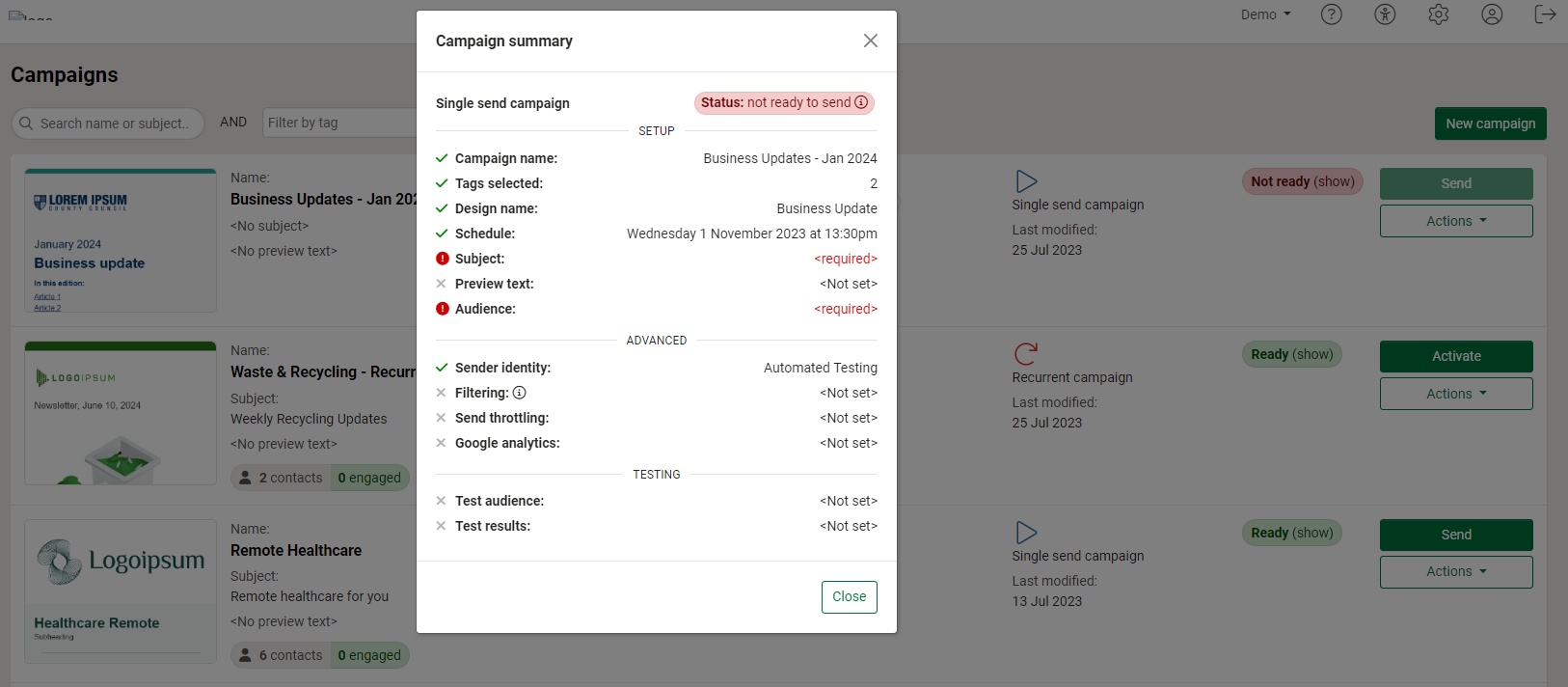 Viewing the campaign summary 