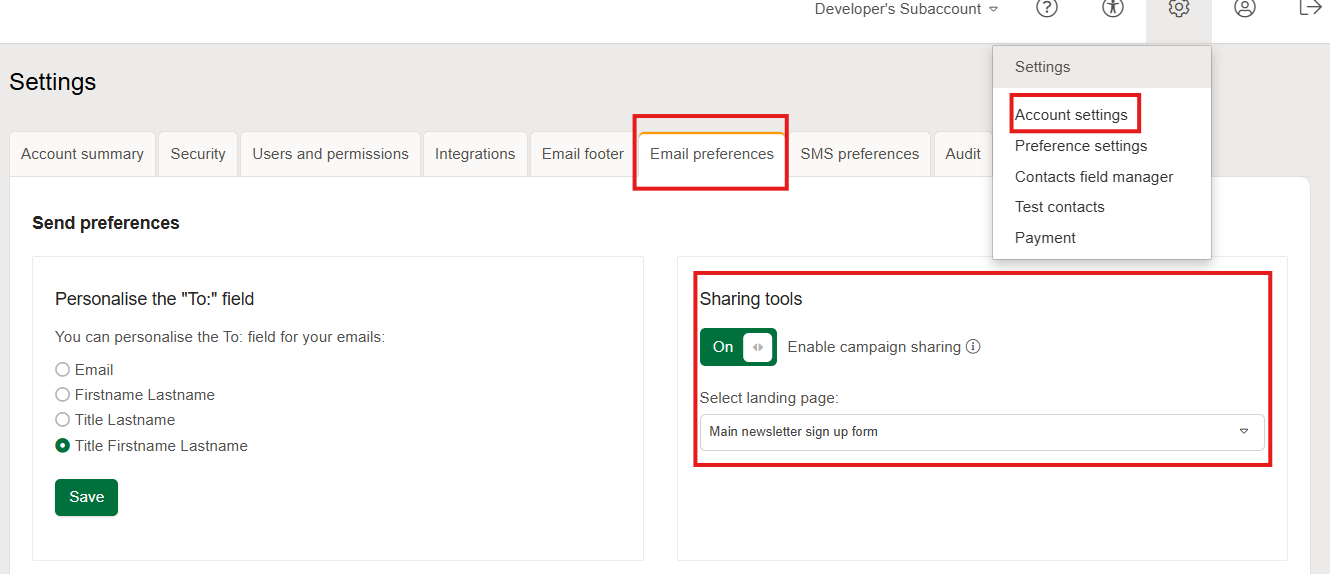 Sharing tools in account settings