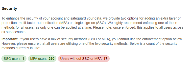 Number of users using MFA/SSO or not