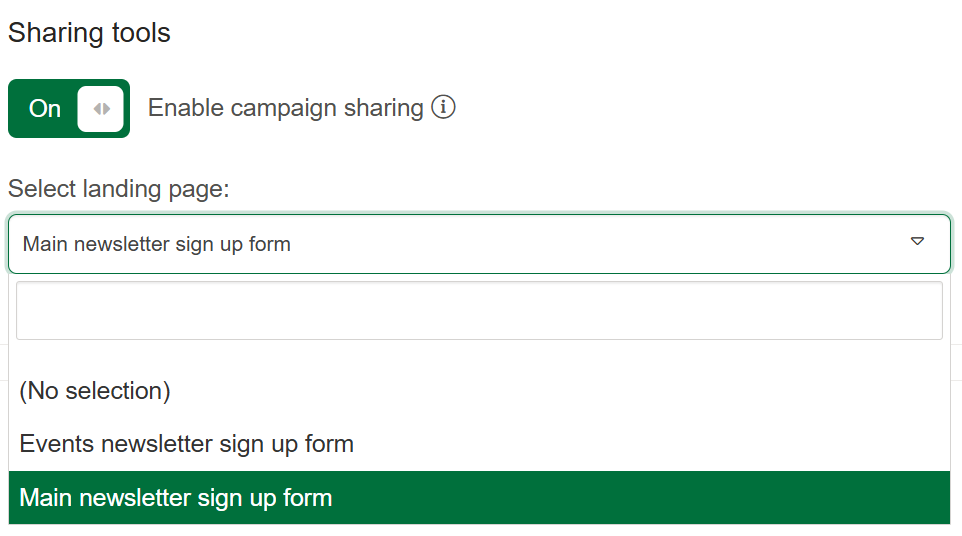 Landing page selection dropdown