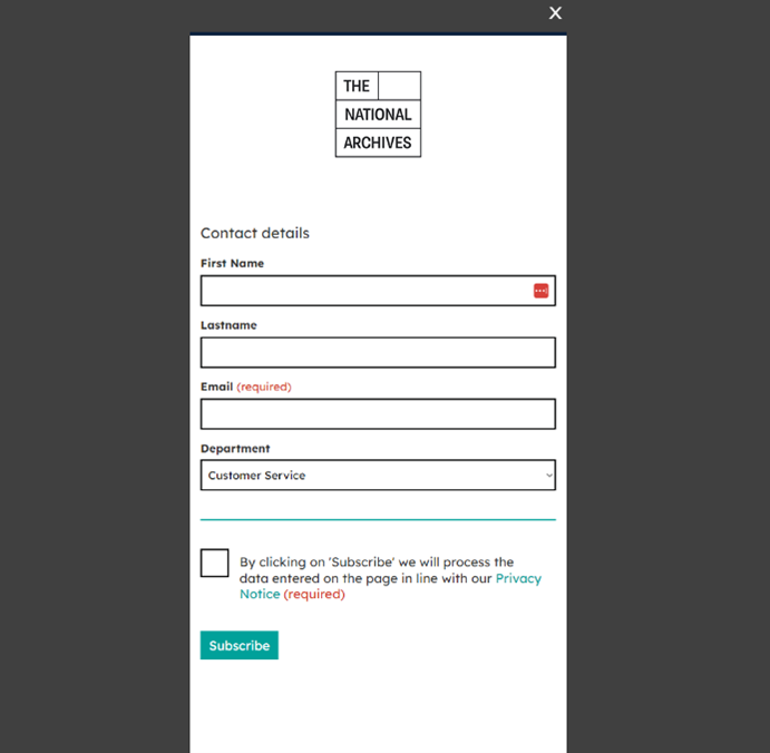 National Archives pop-up form