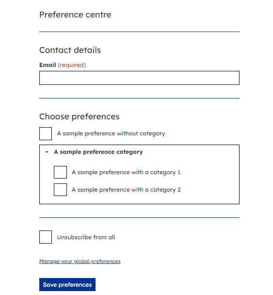 Preference centre example using categories 
