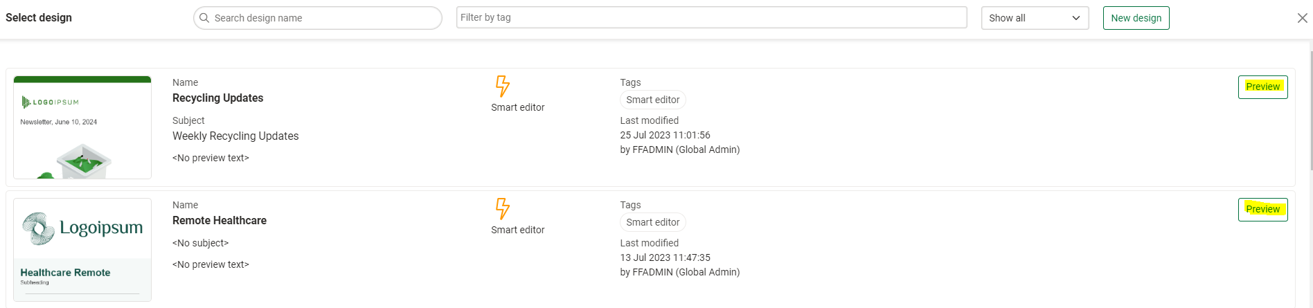 Previewing before applying a design