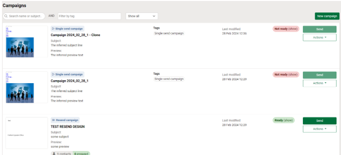 Campaigns list view: subject line and preview text