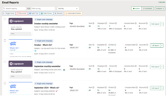 New email reports page