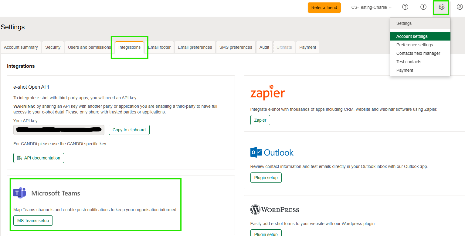 Finding the Teams integration within e-shot