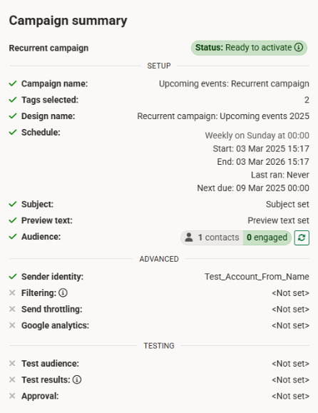 Campaign summary setup example