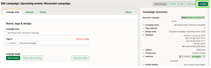 Setting the campaign live from within the campaign itself