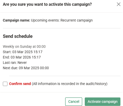 Confirm your campaign send pop up message