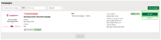 Setting your campaign live from the campaigns list page