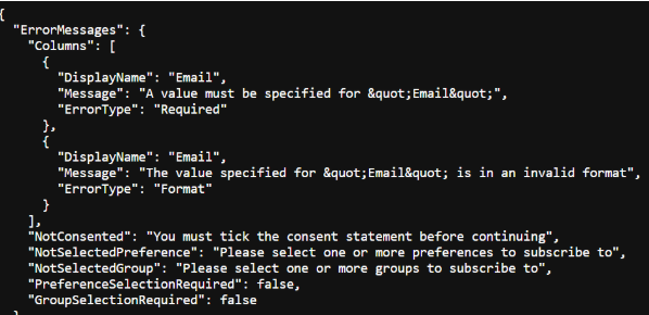 example of e-shot JSON file structure linking to the different fields on the sign-up/preference centre form