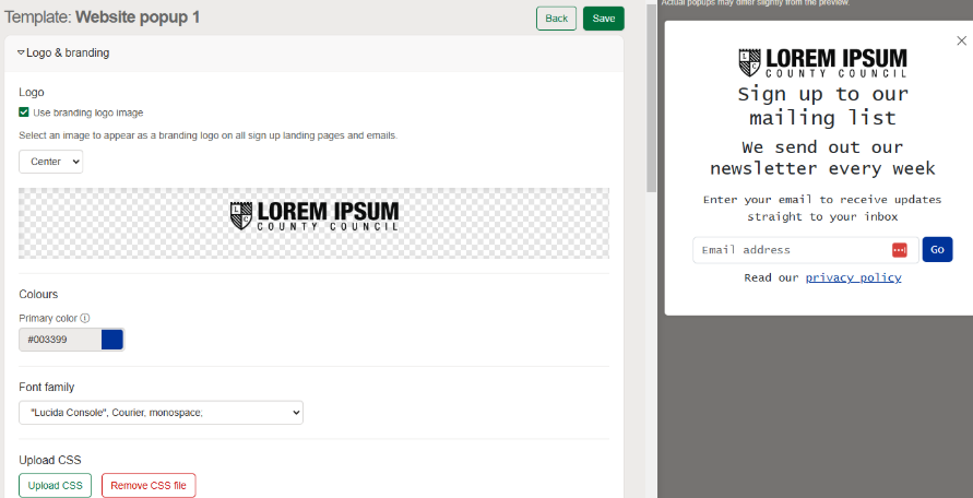Logo and branding popup