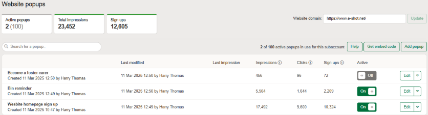 website popups list page