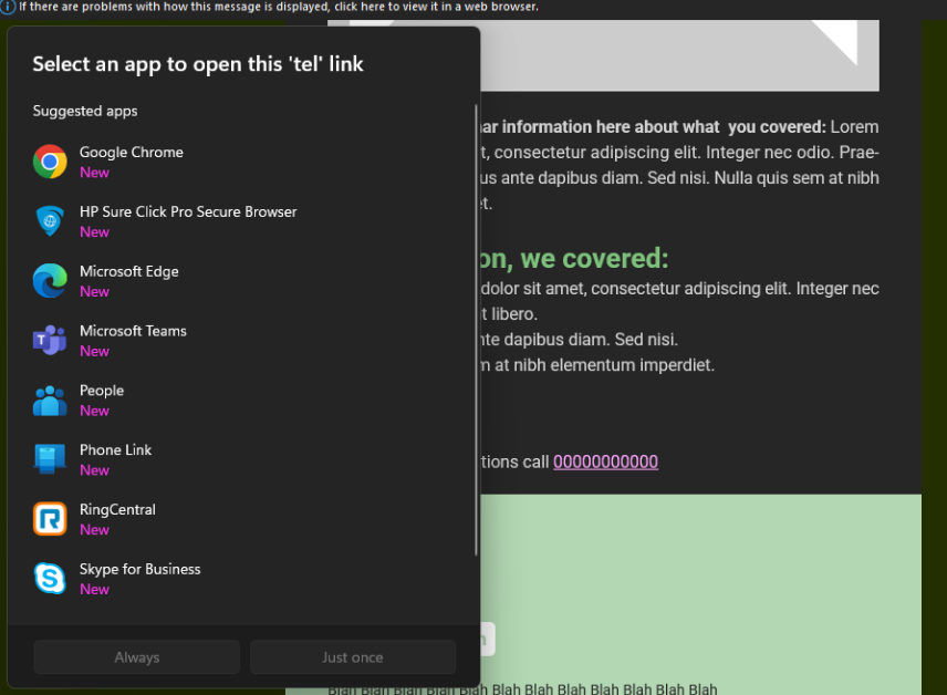 Clicking a phone link on desktop