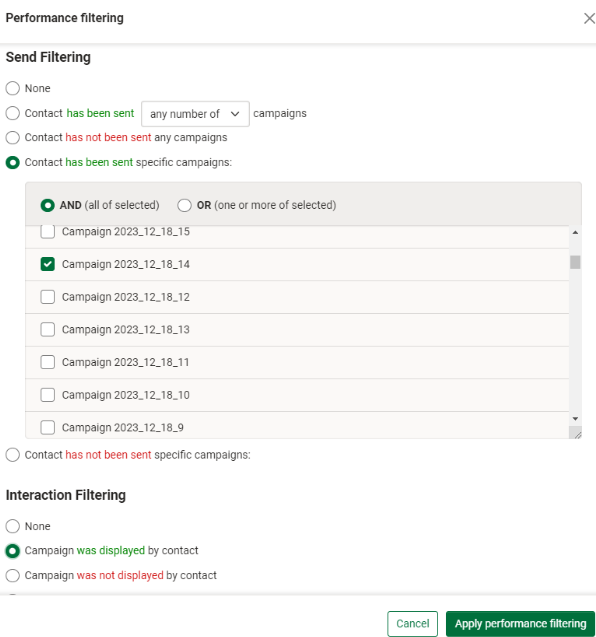 Performance campaign filters