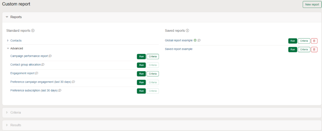 Custom reports page
