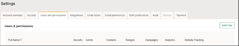 User settings page