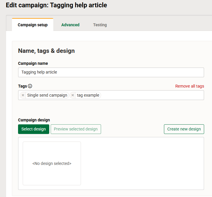 tags section of campaign