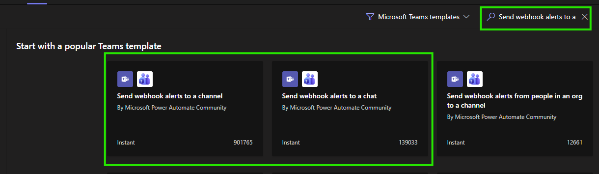 Finding the ‘Post to a channel/chat when a webhook request is received’ workflow
