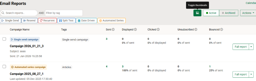 Analytics > Email reports page