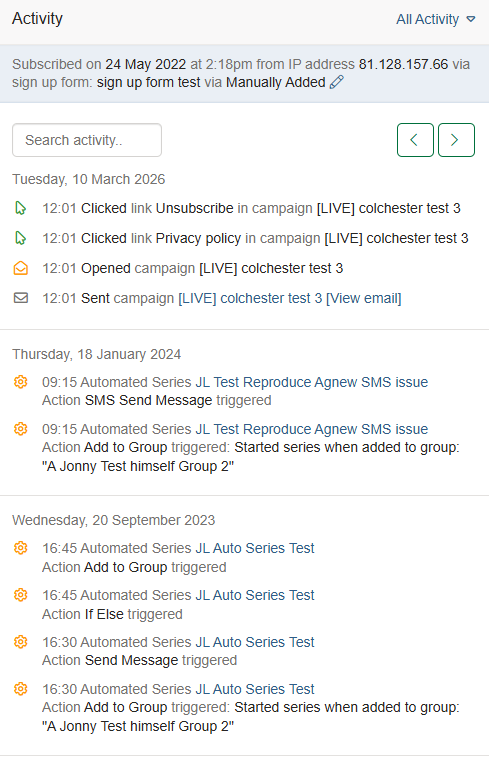 Contact activity engagement