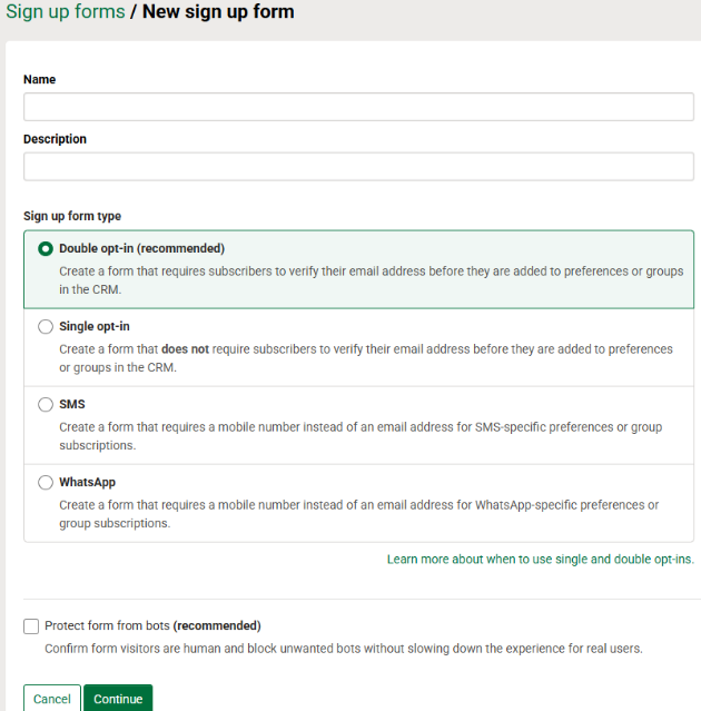 New sign-up form page