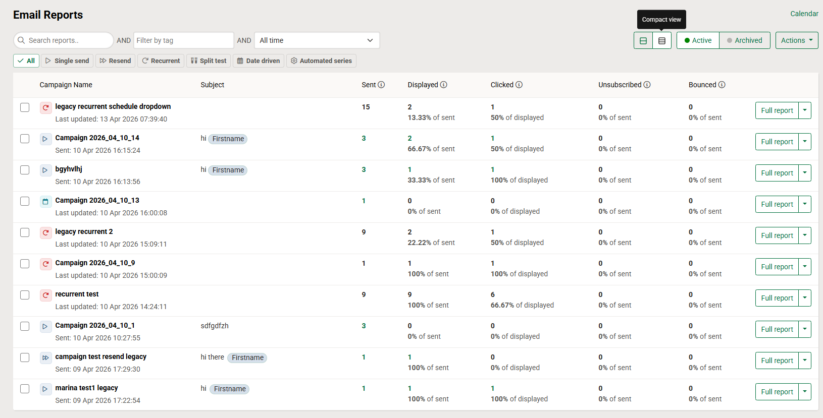 Email reports page compact view