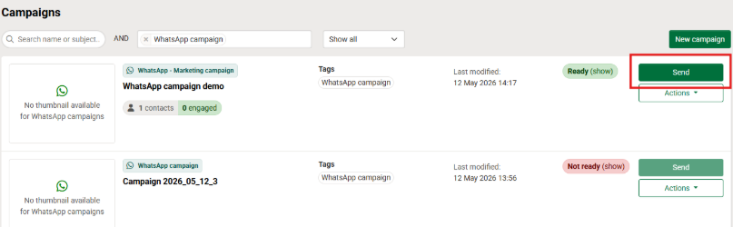 Sending via the campaigns list page