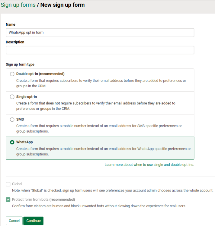 Choosing a whatsapp form