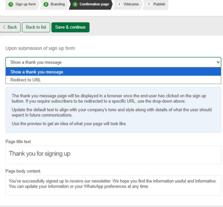 Sign up confirmation page