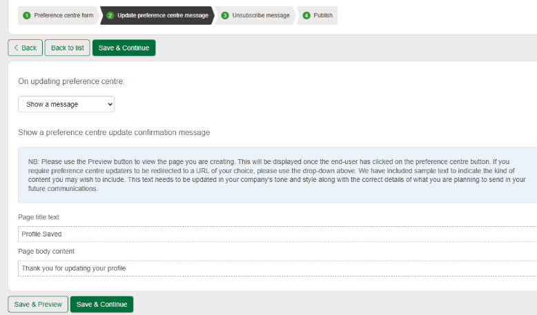 Update preference centre message 