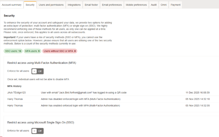 SSO or MFA security tab