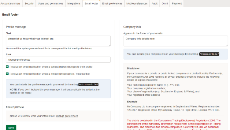 Email footer settings