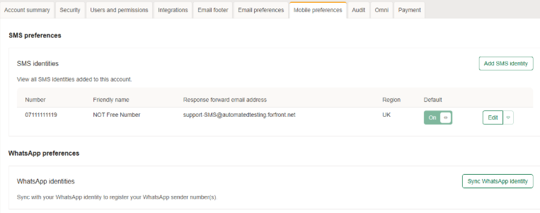 SMS preferences setup