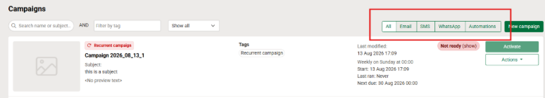 Campaign type filters