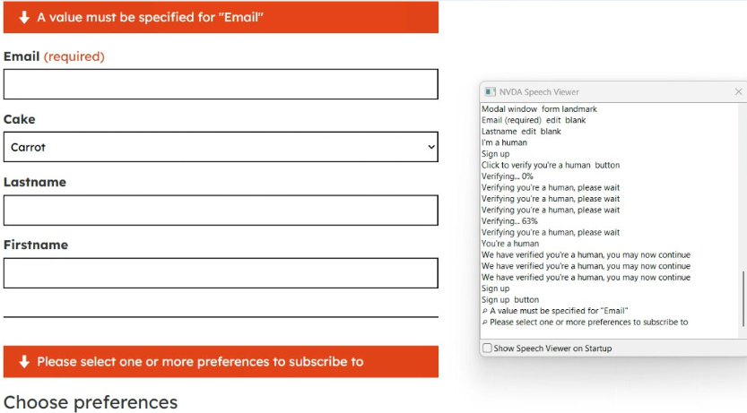 Form error message, screenreader example